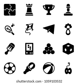 Solid vector icon set - puzzle vector, chess tower, gold cup, pawn, badminton, kite, paper plane, beanbag, game console, billiards balls, cube toy, soccer ball, beach, yoyo