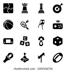 Solid vector icon set - puzzle vector, chess tower, queen, target, ball, badminton, kite, joystick wireless, game console, abc cube, beanbag, toy, wirligig, windmill, football