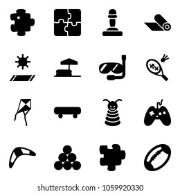 Solid vector icon set - puzzle vector, pawn, mat, inflatable pool, diving, badminton, kite, skateboard, pyramid toy, joystick, boomerang, billiards balls, football