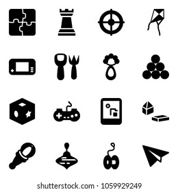 Solid vector icon set - puzzle vector, chess tower, target, kite, game console, shovel fork toy, beanbag, billiards balls, cube, gamepad, constructor blocks, wirligig, yoyo, paper plane