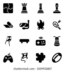 Solid vector icon set - puzzle vector, chess tower, queen, pawn, mat, diving, fire, badminton, kite, skateboard, joystick wireless, pyramid toy, football