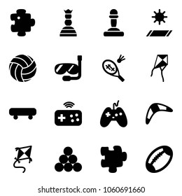 Solid vector icon set - puzzle vector, chess queen, pawn, mat, volleyball, diving, badminton, kite, skateboard, joystick wireless, boomerang, billiards balls, football