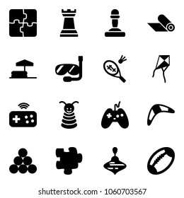 Solid vector icon set - puzzle vector, chess tower, pawn, mat, inflatable pool, diving, badminton, kite, joystick wireless, pyramid toy, boomerang, billiards balls, wirligig, football