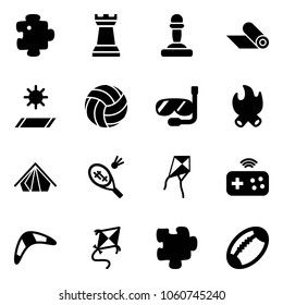 Solid vector icon set - puzzle vector, chess tower, pawn, mat, volleyball, diving, fire, tent, badminton, kite, joystick wireless, boomerang, football