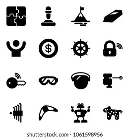 Solid vector icon set - puzzle vector, pawn, mountain, gold, success, dollar, hand wheel, wireless lock, key, protective glasses, protect glass, laser lever, allen set, boomerang, robot, toy horse