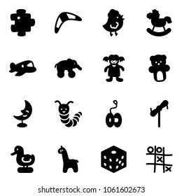 Solid vector icon set - puzzle vector, boomerang, chicken toy, rocking horse, plane, elephant wheel, doll, bear, moon lamp, caterpillar, yoyo, windmill, duck, giraffe, bones, Tic tac toe