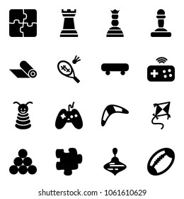 Solid vector icon set - puzzle vector, chess tower, queen, pawn, mat, badminton, skateboard, joystick wireless, pyramid toy, boomerang, kite, billiards balls, wirligig, football