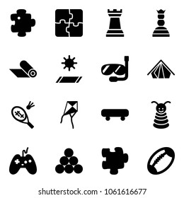 Solid vector icon set - puzzle vector, chess tower, queen, mat, diving, tent, badminton, kite, skateboard, pyramid toy, joystick, billiards balls, football