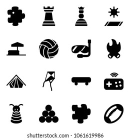 Solid vector icon set - puzzle vector, chess tower, queen, mat, inflatable pool, volleyball, diving, fire, tent, kite, skateboard, joystick wireless, pyramid toy, billiards balls, football