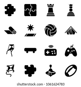 Solid vector icon set - puzzle vector, chess tower, queen, mat, volleyball, tent, kite, skateboard, joystick wireless, wirligig toy, football