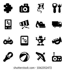Solid vector icon set - puzzle vector, camera, kite, shovel fork toy, game console, xylophone, excavator, truck, gamepad, robot, horn, beanbag, beach ball, bow, radio