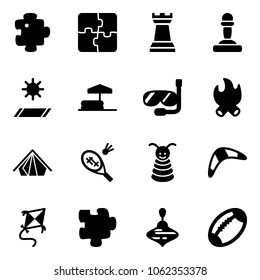 Solid vector icon set - puzzle vector, chess tower, pawn, mat, inflatable pool, diving, fire, tent, badminton, pyramid toy, boomerang, kite, wirligig, football