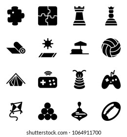Solid vector icon set - puzzle vector, chess tower, queen, mat, inflatable pool, volleyball, tent, joystick wireless, pyramid toy, kite, billiards balls, wirligig, football