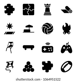Solid vector icon set - puzzle vector, chess tower, mat, inflatable pool, volleyball, fire, kite, skateboard, joystick wireless, billiards balls, football