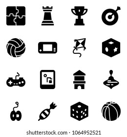 Solid vector icon set - puzzle vector, chess tower, win cup, target, volleyball, game console, kite, cube toy, gamepad, block house, wirligig, yoyo, dart, bones, basketball