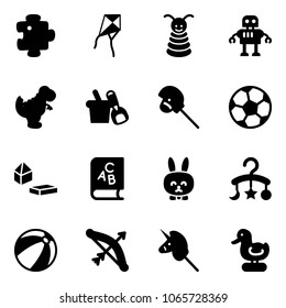 Solid vector icon set - puzzle vector, kite, pyramid toy, robot, dinosaur, shovel bucket, horse stick, soccer ball, constructor blocks, abc book, rabbit, baby carousel, beach, bow, unicorn, duck