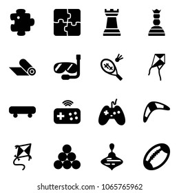 Solid vector icon set - puzzle vector, chess tower, queen, mat, diving, badminton, kite, skateboard, joystick wireless, boomerang, billiards balls, wirligig toy, football