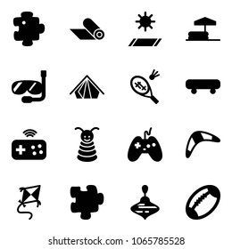 Solid vector icon set - puzzle vector, mat, inflatable pool, diving, tent, badminton, skateboard, joystick wireless, pyramid toy, boomerang, kite, wirligig, football