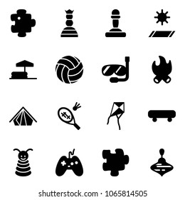 Solid vector icon set - puzzle vector, chess queen, pawn, mat, inflatable pool, volleyball, diving, fire, tent, badminton, kite, skateboard, pyramid toy, joystick, wirligig