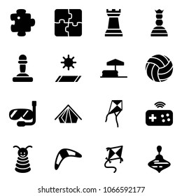 Solid vector icon set - puzzle vector, chess tower, queen, pawn, mat, inflatable pool, volleyball, diving, tent, kite, joystick wireless, pyramid toy, boomerang, wirligig