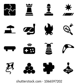 Solid vector icon set - puzzle vector, chess tower, pawn, mat, inflatable pool, diving, fire, badminton, skateboard, joystick wireless, pyramid toy, boomerang, kite, billiards balls, wirligig