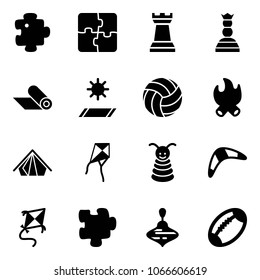 Solid vector icon set - puzzle vector, chess tower, queen, mat, volleyball, fire, tent, kite, pyramid toy, boomerang, wirligig, football