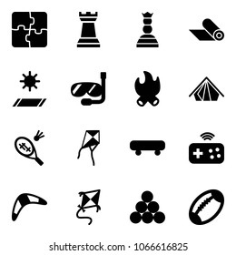 Solid vector icon set - puzzle vector, chess tower, queen, mat, diving, fire, tent, badminton, kite, skateboard, joystick wireless, boomerang, billiards balls, football