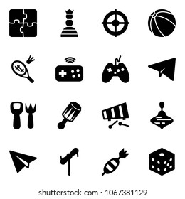 Solid vector icon set - puzzle vector, chess queen, target, ball, badminton, joystick wireless, paper plane, shovel fork toy, beanbag, xylophone, wirligig, windmill, dart, bones