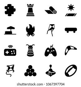 Solid vector icon set - puzzle vector, chess tower, mat, inflatable pool, fire, kite, skateboard, joystick wireless, pyramid toy, boomerang, billiards balls, wirligig, football