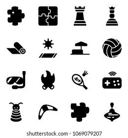 Solid vector icon set - puzzle vector, chess tower, queen, mat, inflatable pool, volleyball, diving, fire, badminton, joystick wireless, pyramid toy, boomerang, wirligig