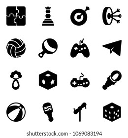 Solid vector icon set - puzzle vector, chess queen, target, solution, volleyball, beanbag, joystick, paper plane, cube toy, gamepad, beach ball, windmill, bones