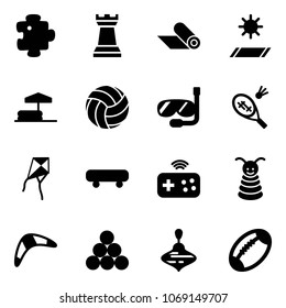 Solid vector icon set - puzzle vector, chess tower, mat, inflatable pool, volleyball, diving, badminton, kite, skateboard, joystick wireless, pyramid toy, boomerang, billiards balls, wirligig