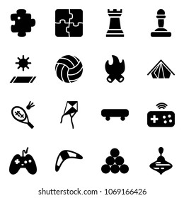 Solid vector icon set - puzzle vector, chess tower, pawn, mat, volleyball, fire, tent, badminton, kite, skateboard, joystick wireless, boomerang, billiards balls, wirligig toy