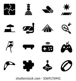 Solid vector icon set - puzzle vector, chess queen, mat, inflatable pool, diving, tent, badminton, kite, skateboard, joystick wireless, boomerang, wirligig toy, football