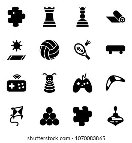 Solid vector icon set - puzzle vector, chess tower, queen, mat, volleyball, badminton, skateboard, joystick wireless, pyramid toy, boomerang, kite, billiards balls, wirligig