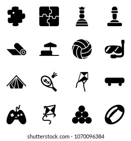 Solid vector icon set - puzzle vector, chess queen, pawn, mat, inflatable pool, volleyball, diving, tent, badminton, kite, skateboard, joystick, billiards balls, football
