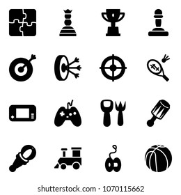 Solid vector icon set - puzzle vector, chess queen, win cup, pawn, target, solution, badminton, game console, joystick, shovel fork toy, beanbag, train, yoyo, basketball