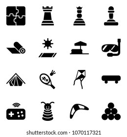 Solid vector icon set - puzzle vector, chess tower, queen, pawn, mat, inflatable pool, diving, tent, badminton, kite, skateboard, joystick wireless, pyramid toy, boomerang, billiards balls