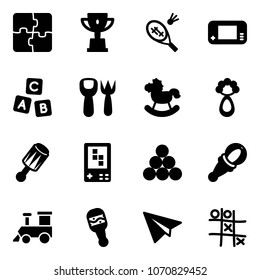 Solid vector icon set - puzzle vector, win cup, badminton, game console, abc cube, shovel fork toy, rocking horse, beanbag, billiards balls, train, paper plane, Tic tac toe