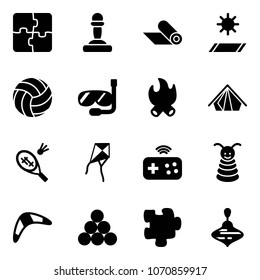 Solid vector icon set - puzzle vector, pawn, mat, volleyball, diving, fire, tent, badminton, kite, joystick wireless, pyramid toy, boomerang, billiards balls, wirligig