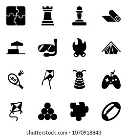 Solid vector icon set - puzzle vector, chess tower, pawn, mat, inflatable pool, diving, fire, tent, badminton, kite, pyramid toy, joystick, billiards balls, football
