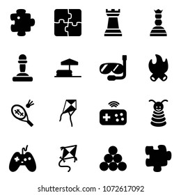 Solid vector icon set - puzzle vector, chess tower, queen, pawn, inflatable pool, diving, fire, badminton, kite, joystick wireless, pyramid toy, billiards balls