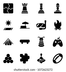 Solid vector icon set - puzzle vector, chess tower, queen, pawn, mat, inflatable pool, diving, fire, tent, skateboard, pyramid toy, joystick, billiards balls, wirligig, football