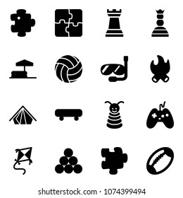 Solid vector icon set - puzzle vector, chess tower, queen, inflatable pool, volleyball, diving, fire, tent, skateboard, pyramid toy, joystick, kite, billiards balls, football