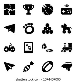 Solid vector icon set - puzzle vector, gold cup, ball, joystick wireless, paper plane, beanbag, billiards balls, wheel horse, gamepad, game console, constructor blocks, toy train, dart, football