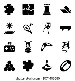 Solid vector icon set - puzzle vector, chess tower, mat, badminton, kite, skateboard, joystick wireless, pyramid toy, boomerang, billiards balls, wirligig, football