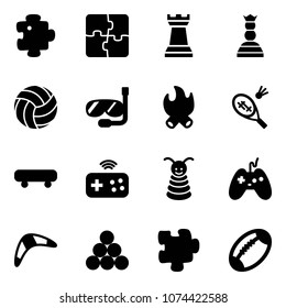 Solid vector icon set - puzzle vector, chess tower, queen, volleyball, diving, fire, badminton, skateboard, joystick wireless, pyramid toy, boomerang, billiards balls, football