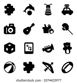 Solid vector icon set - puzzle vector, dolphin, pyramid toy, car, camera, guitar, shovel bucket, horse stick, cube, game console, horn, bear, beach ball, bow, football
