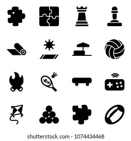 Solid vector icon set - puzzle vector, chess tower, pawn, mat, inflatable pool, volleyball, fire, badminton, skateboard, joystick wireless, kite, billiards balls, football