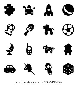 Solid vector icon set - puzzle vector, robot, rocket, ball, teethers, beanbag, wheel horse, soccer, moon lamp, phone toy, block house, car, unicorn stick, doll, bones